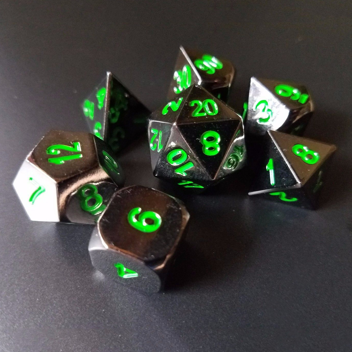 New-Metal-Polyhedral-Dice-with-Bag-Green-Red-7-Piece-Metal-Set-DnD-RPG-1239419-2