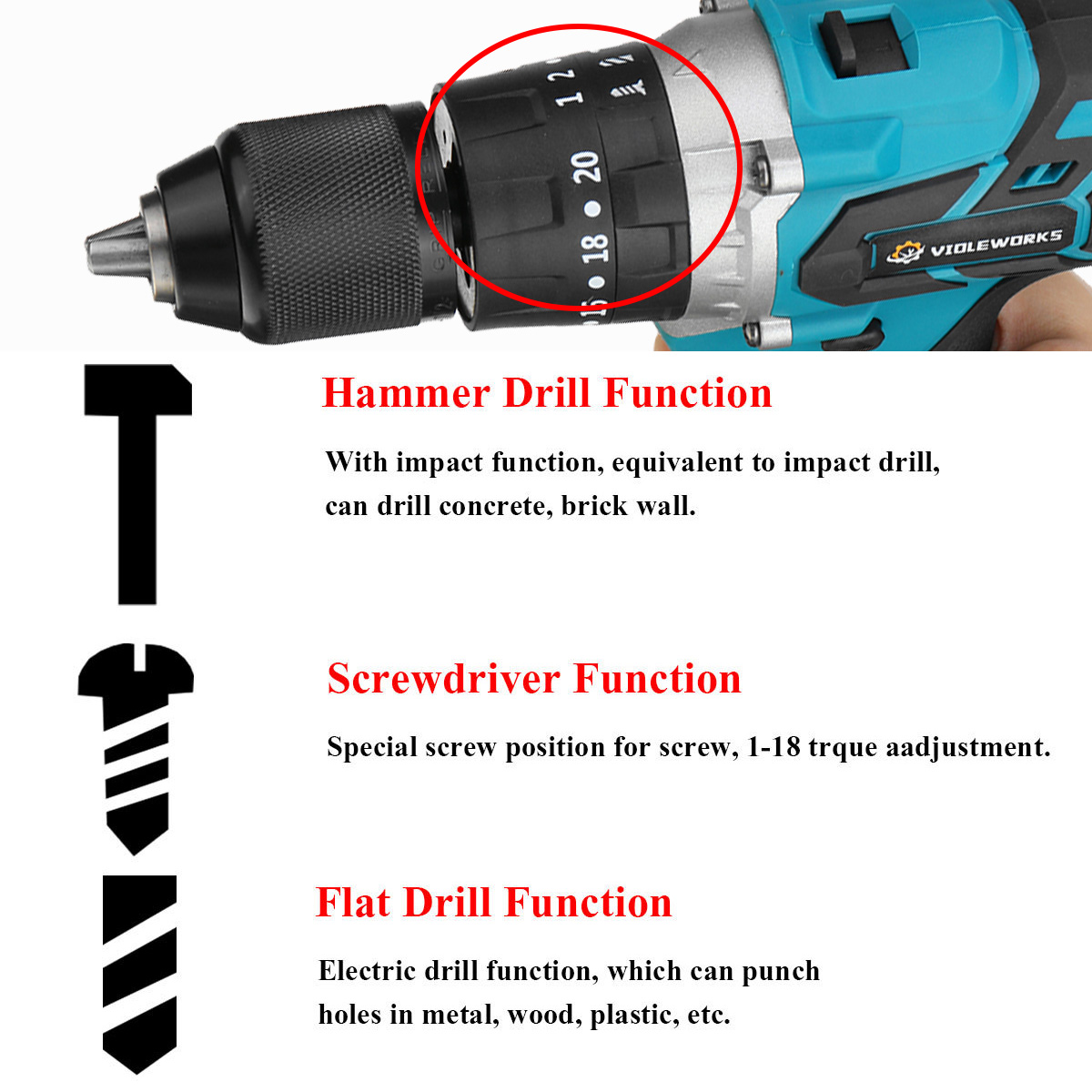 VIOLEWORKS-288VF-3-In-1-Cordless-Electric-Impact-Drill-Driver-Brushless-Driver-Drill-Hammer-with-EU--1834519-5