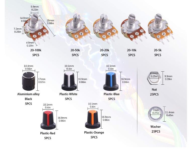 75-Potentiometers-B5K-B10K-B20K-B50K-B100K-ohm-Knurled-Shaft-Single-Linear-Rotary-Cone-Volume-Contro-1811538-6