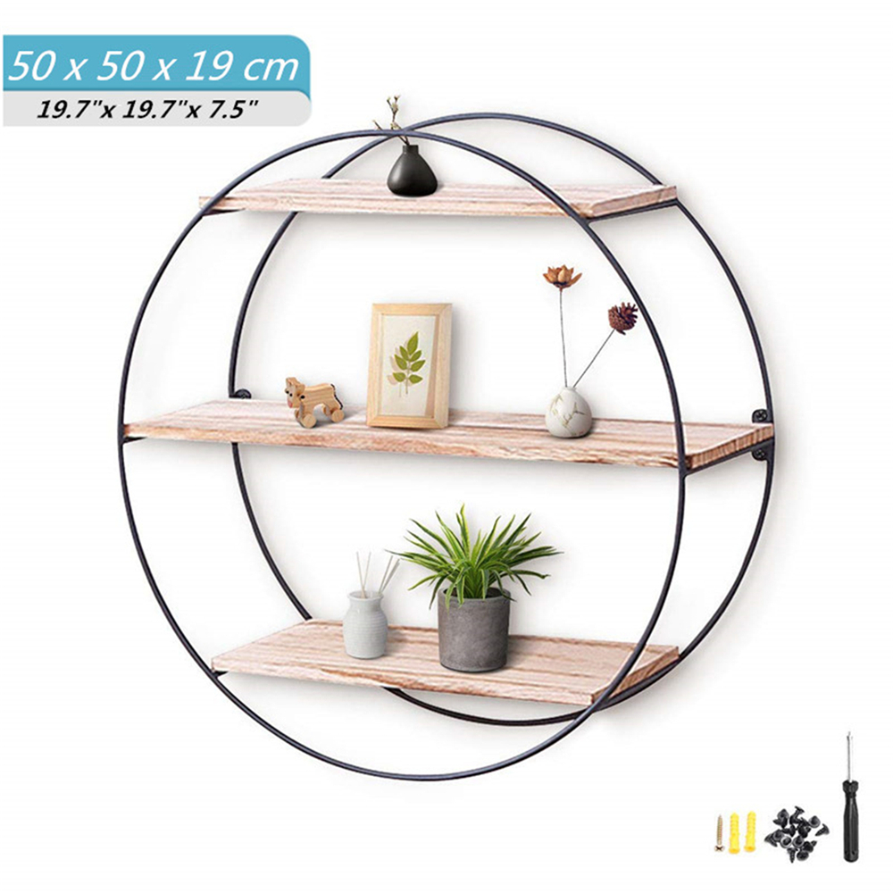 KING-DO-WAY-Round-Wall-Unit-Retro-Industrial-Style-Wood-Metal-Wall-Rack-Book-Shelf-Storage-Home-Deco-1407466-4