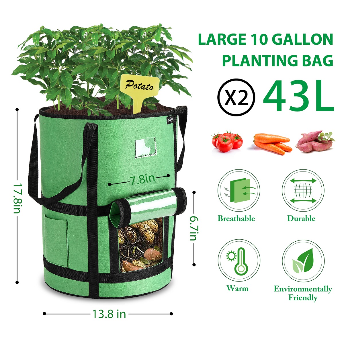 2PCS-10-Gallon-Potato-Grow-Bags-Heavy-Duty-Non-Woven-Faric-Plant-Pot-Container-1955028-2