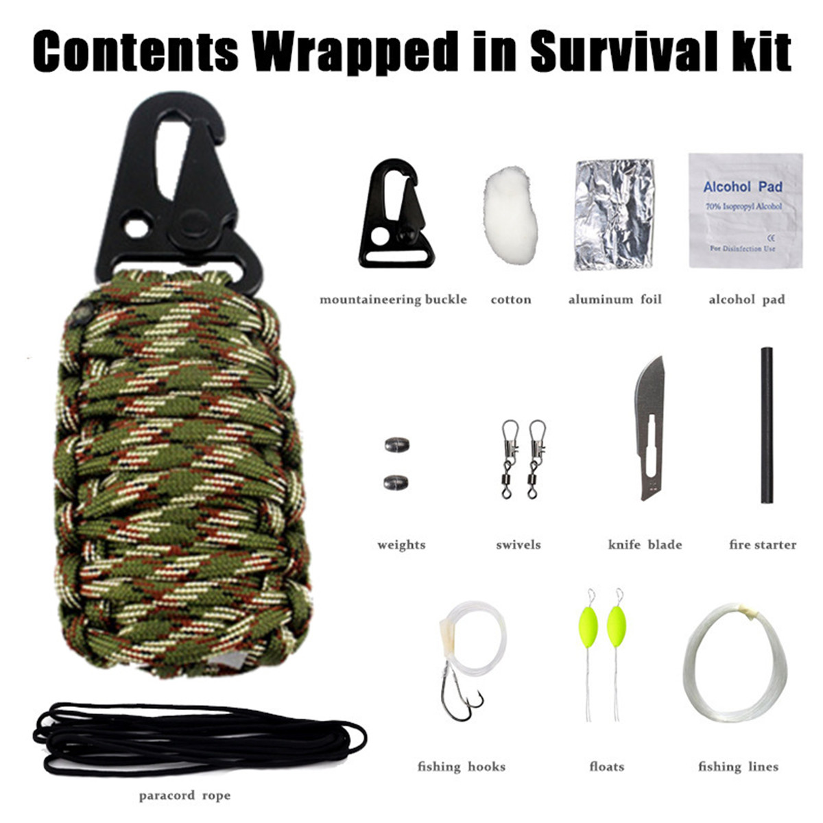 16Pcs-Outdoor-Paracord-Kit-Survival-Rope-Set-Fishing-Tools-Camping-Carabiner-Emergency-Gear-1283075-3