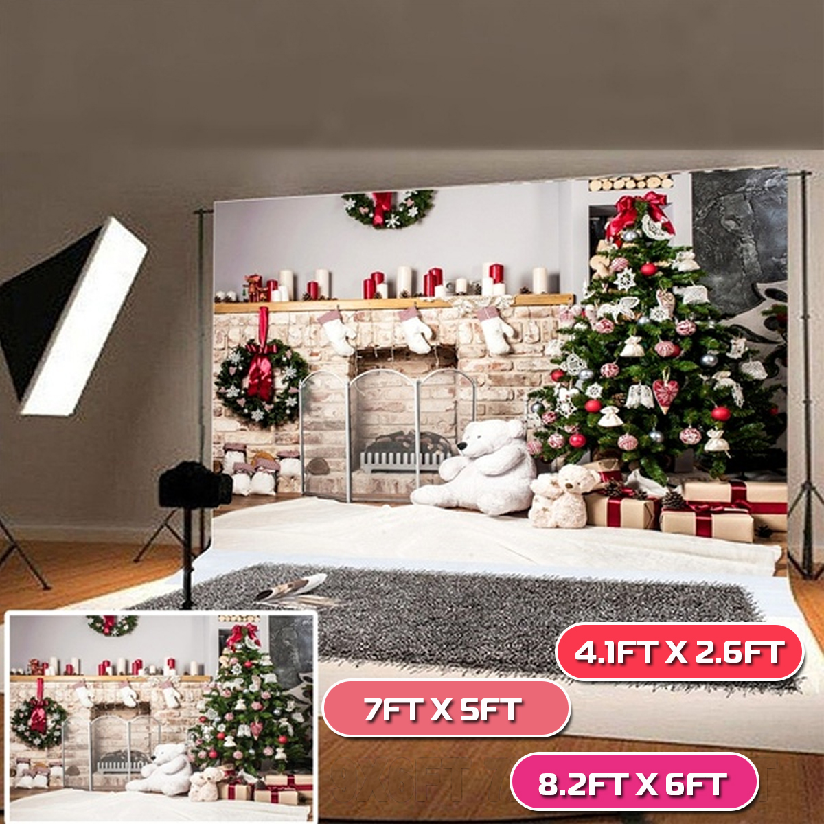 Christmas-Photography-Backdrop-3D-Tree-Brick-Fireplace-White-Bear-Printed-Vinyl-Photo-Studio-Backgro-1759899-2