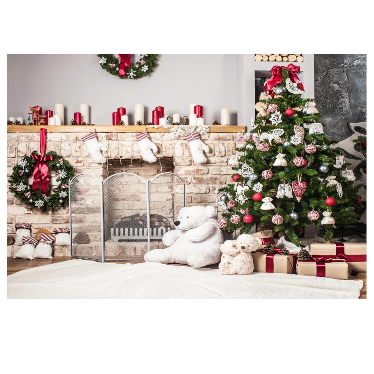 Christmas-Photography-Backdrop-3D-Tree-Brick-Fireplace-White-Bear-Printed-Vinyl-Photo-Studio-Backgro-1759899-4