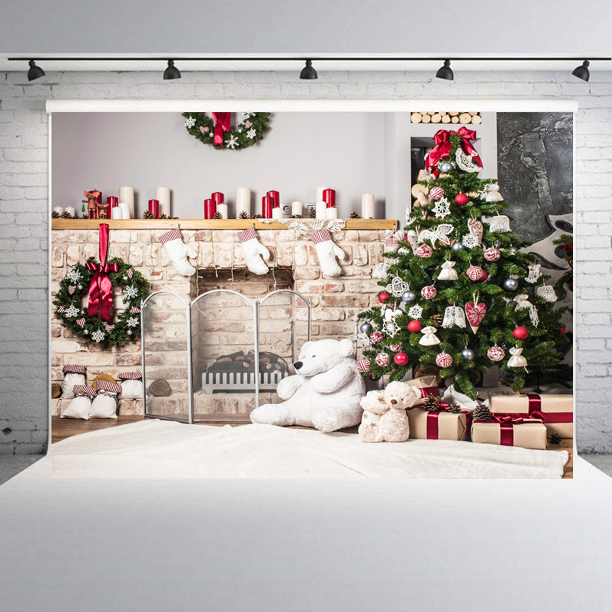 Christmas-Photography-Backdrop-3D-Tree-Brick-Fireplace-White-Bear-Printed-Vinyl-Photo-Studio-Backgro-1759899-6