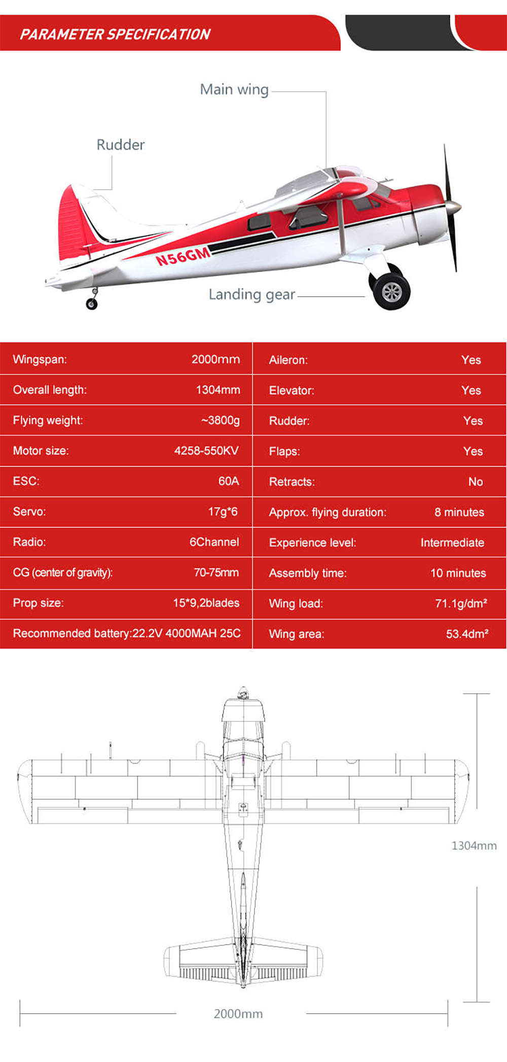 FMS-DH-2-Beaver-V2-2000mm-787quot-Wingspan-EPO-RC-Airplane-PNP-1786899-5