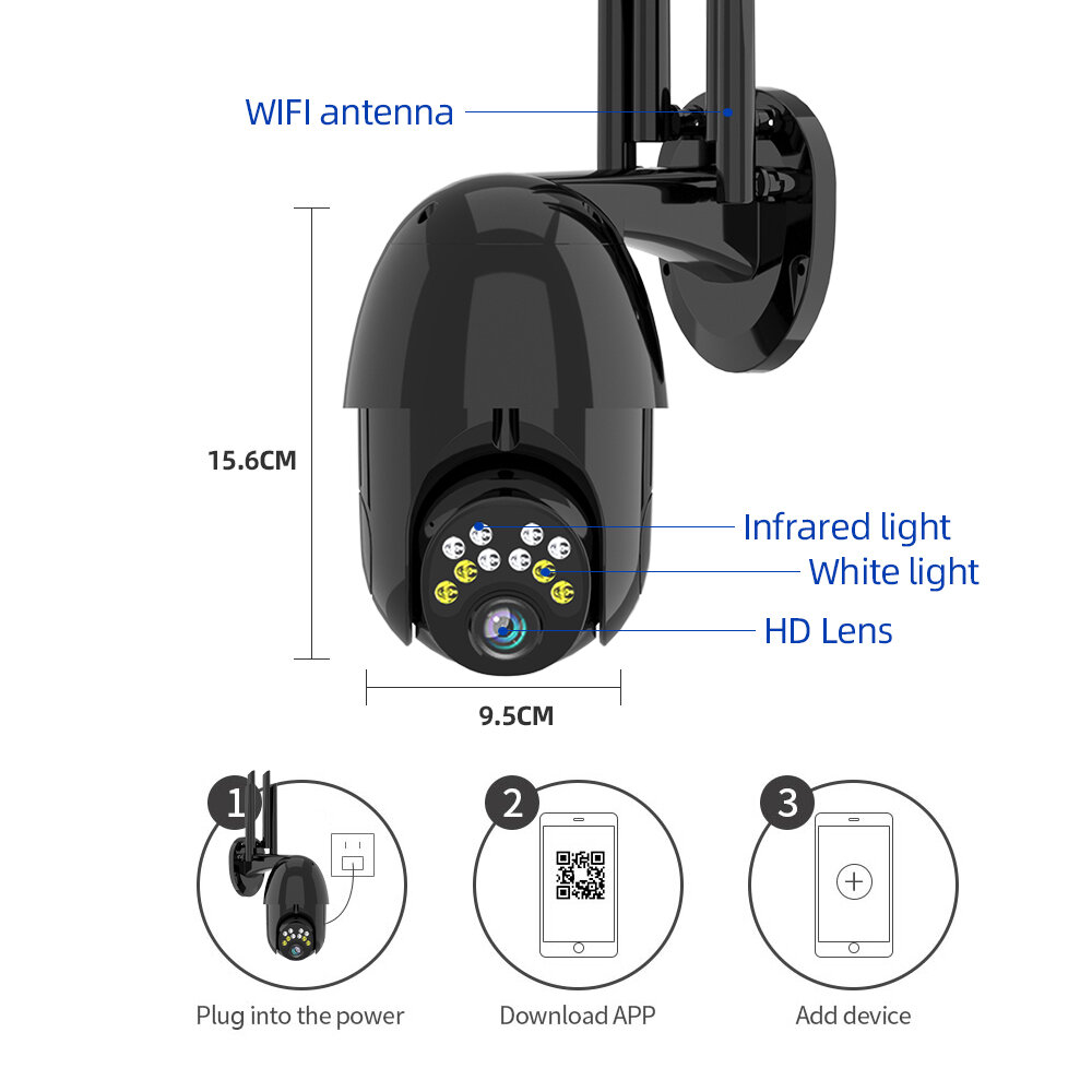 1080P 10LED 5X Zoom HD Outdoor PTZ IP Camera Two Way Audio Voice Alarm Wifi Camera Auto Waterproof Night Vision Surveillance Black