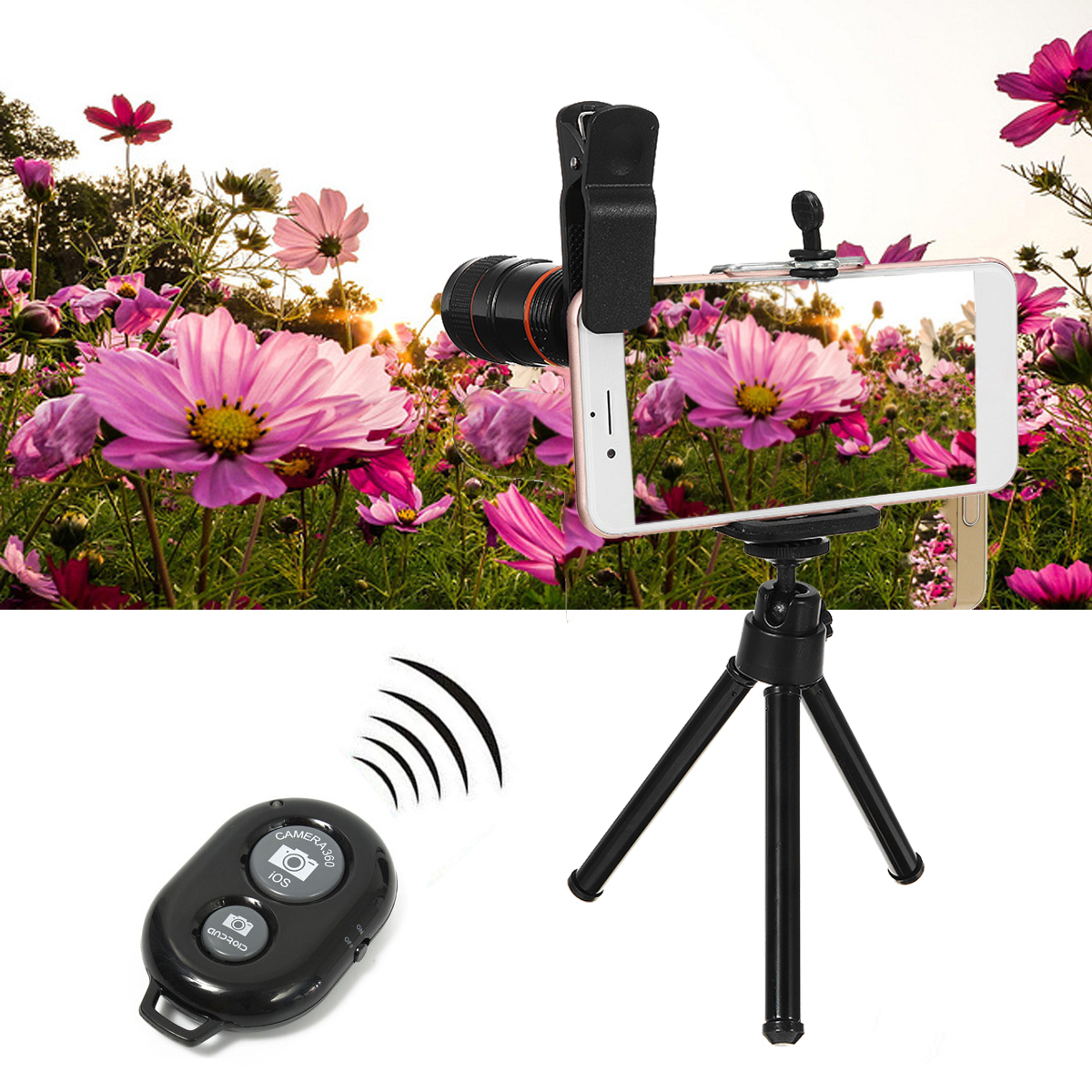 All-in-1-Phone-Camera-Lens-8X-Telescope-Selfie-Stick-Tripod-bluetooth-Remote-Kit-1428987-1