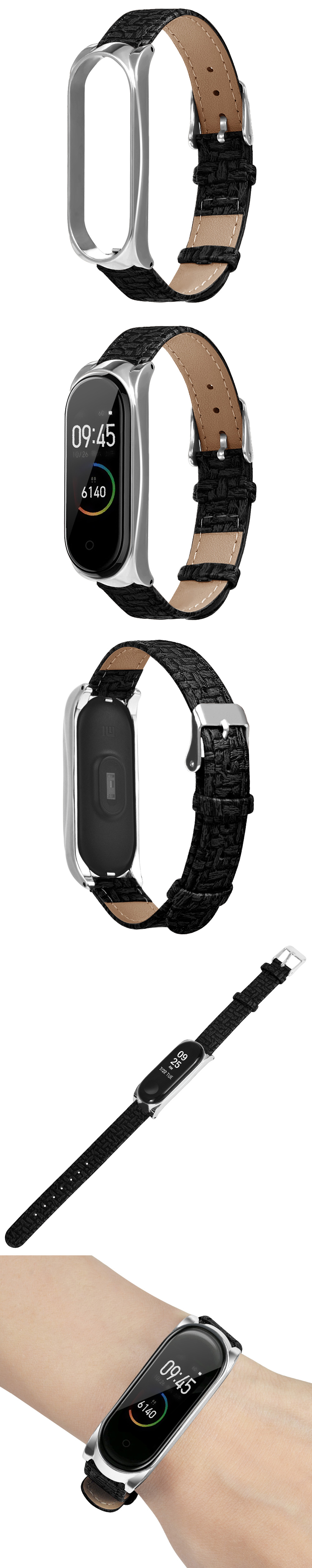 Metal-Case-Weave-Texture-Leather-Watch-Band-Watch-Strap-Replacement-for-Xiaomi-Miband-4-Non-original-1541235-1