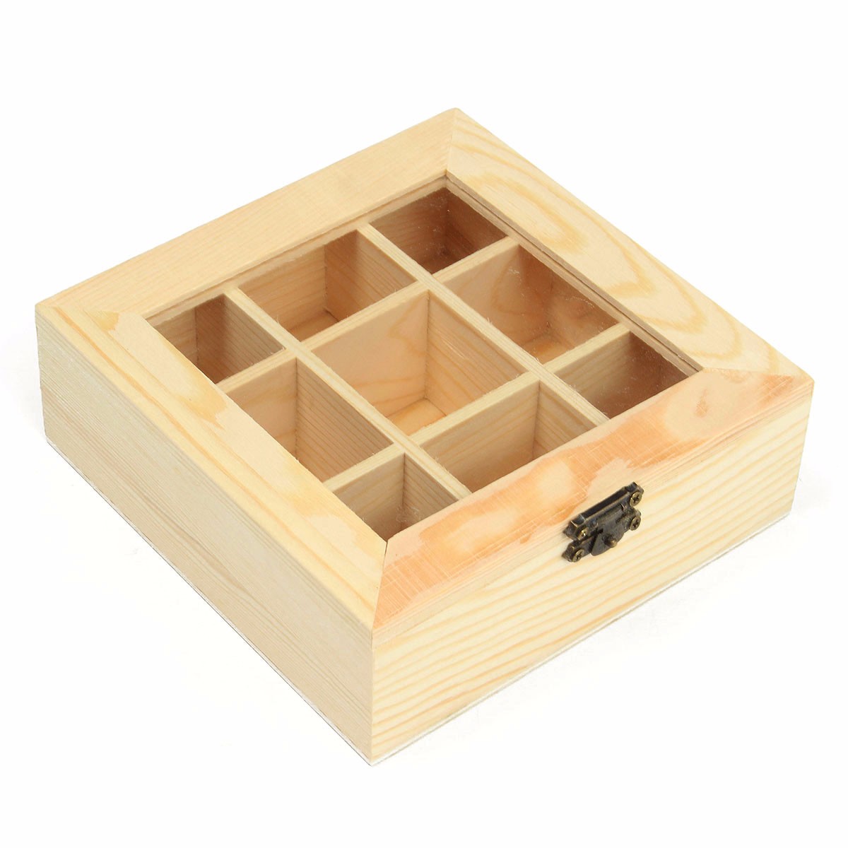 9-Compartments-Wooden-Tea-Bag-Jewelry-Organizer-Chest-Storage-Box-Glass-Top-Log-1304858-2