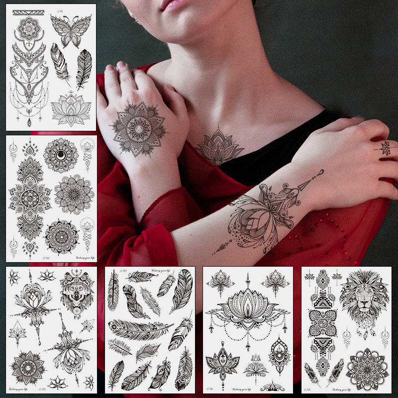 Black-Feather-Mandala-Flower-Temporary-Tattoo-Sticker-Waterproof-Body-Art-Arm-Tattoo-Transfer-Paper-1724425-1