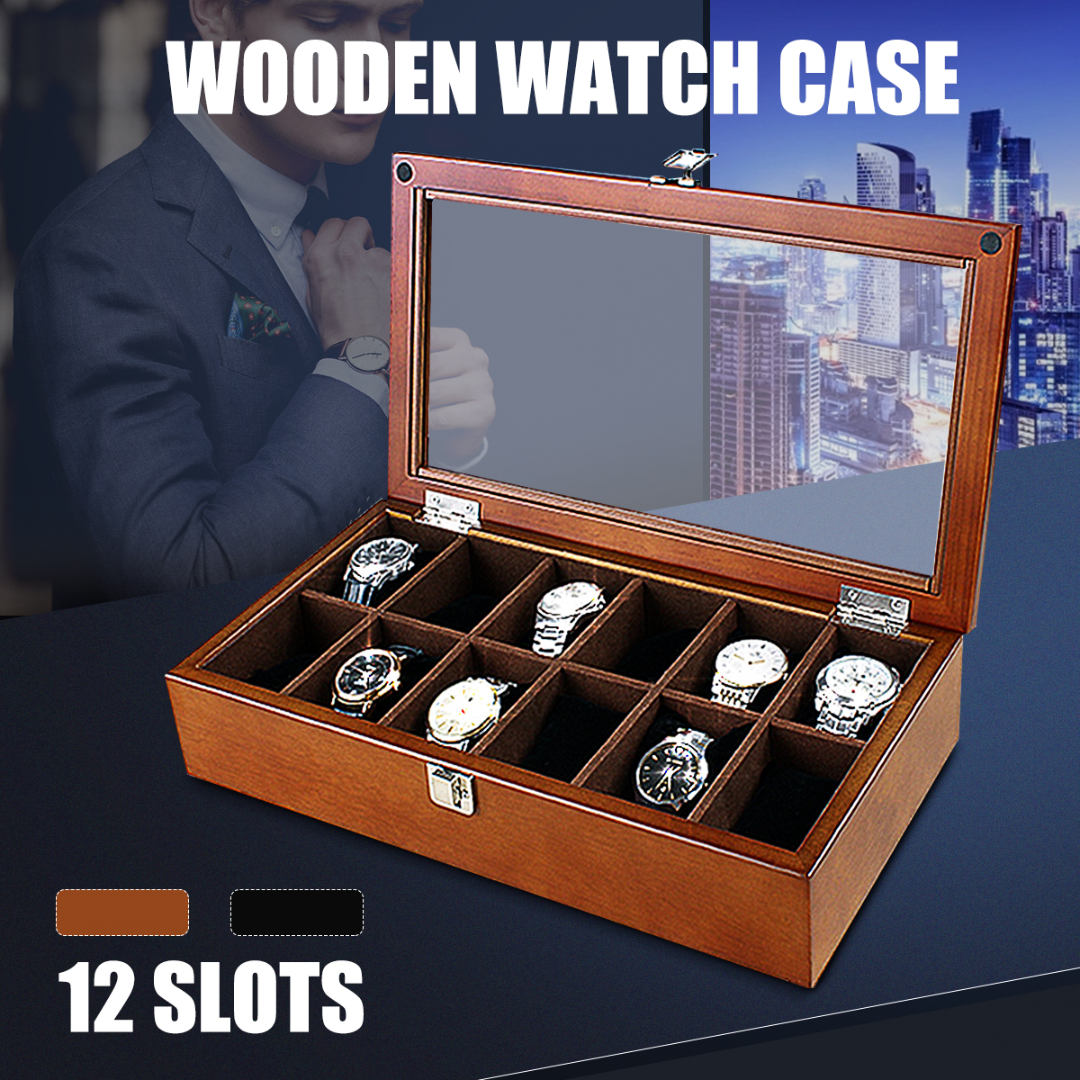 Bakeey-12-Slots-Wooden-with-Skylight-Watch-Box-Jewellery-Display-Collection-Storage-Box-1654309-2