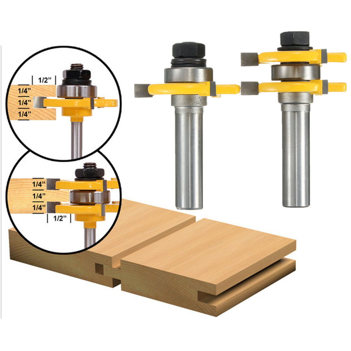 2pcs-12-Inch-Shank-Tongue--Groove-Router-Bit-Set-3-Teeth-T-shape-Wood-Milling-Cutter-1090377-2