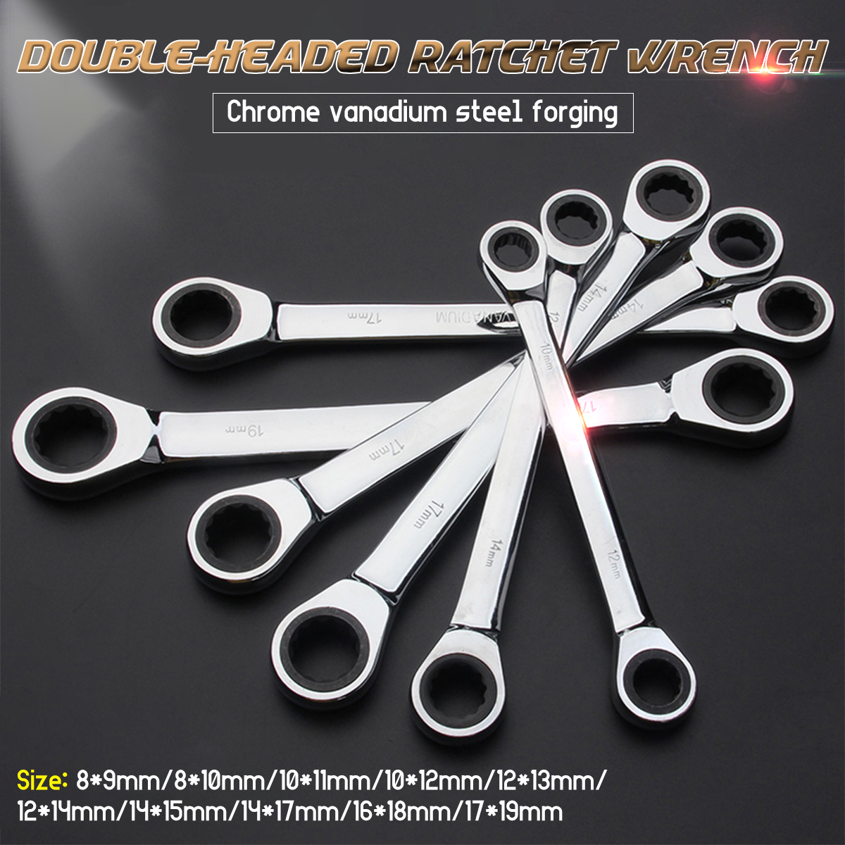 8-19mm-Steel-Metric-Fixed-Head-Ratchet-Spanner-Wrench-Double-End-Ring-Tool-1528692-2